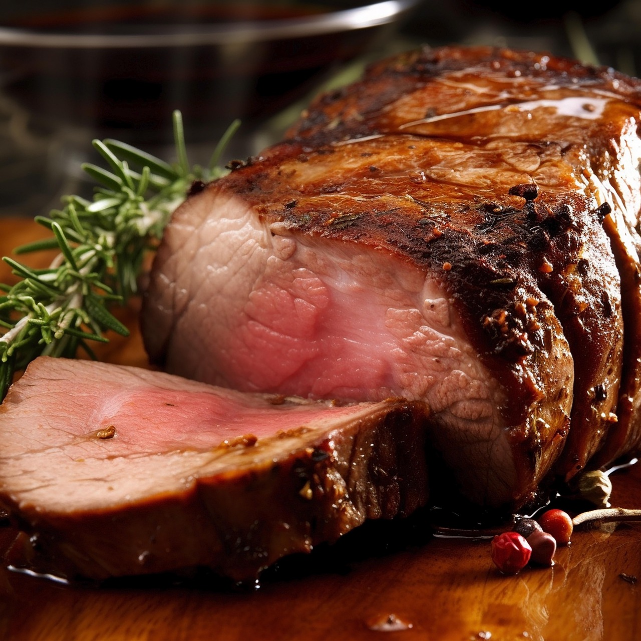 Arrosto succoso e tenero su un piatto, accompagnato da contorni colorati e salse.