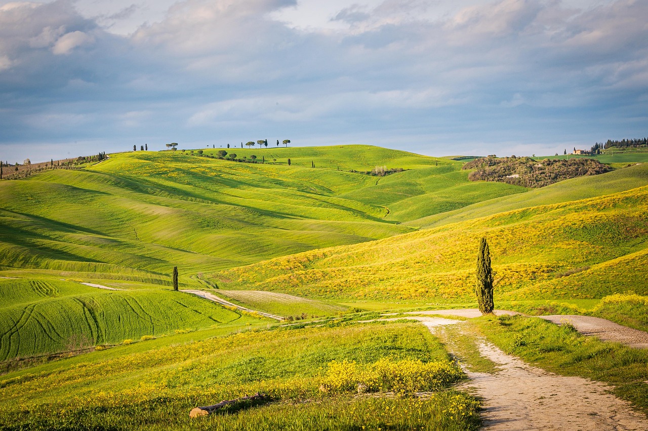 Panorama della località più fotografata della Toscana con colline verdi e cipressi al tramonto.